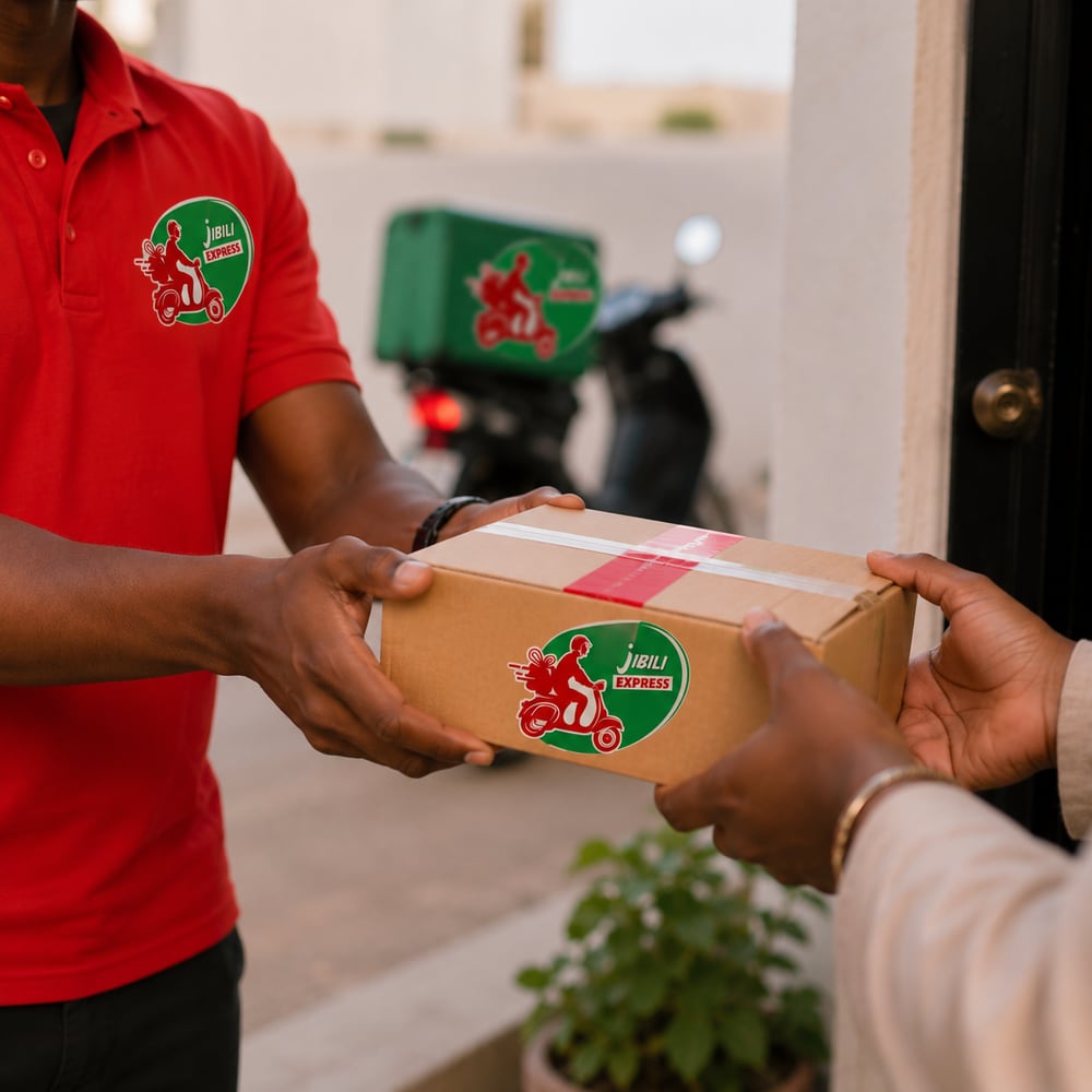 Un livreur Jibili Express remet un colis en main propre à un client, à Nouakchott