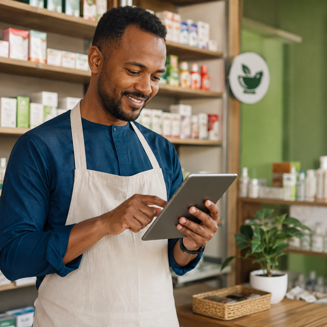 Pharmacien partenaire Jibili Express consultant sa tablette pour gérer ses commandes en boutique