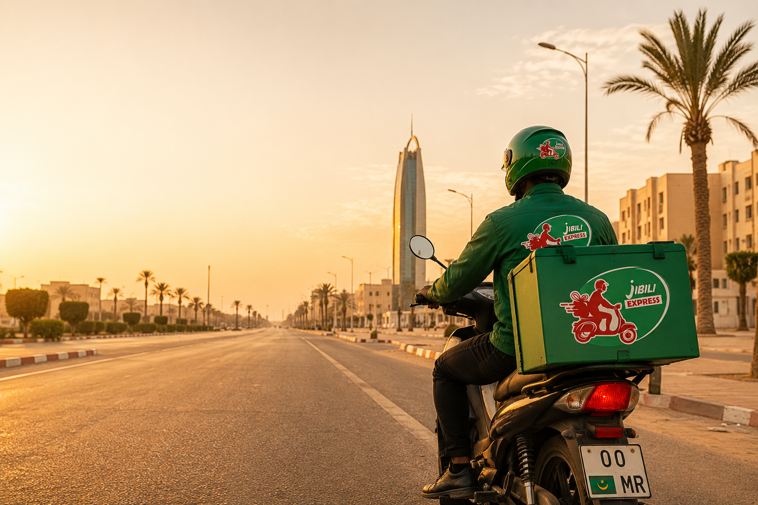 Livreur Jibili Express en scooter, vu de dos, roulant vers la tour de Nouakchott au coucher du soleil